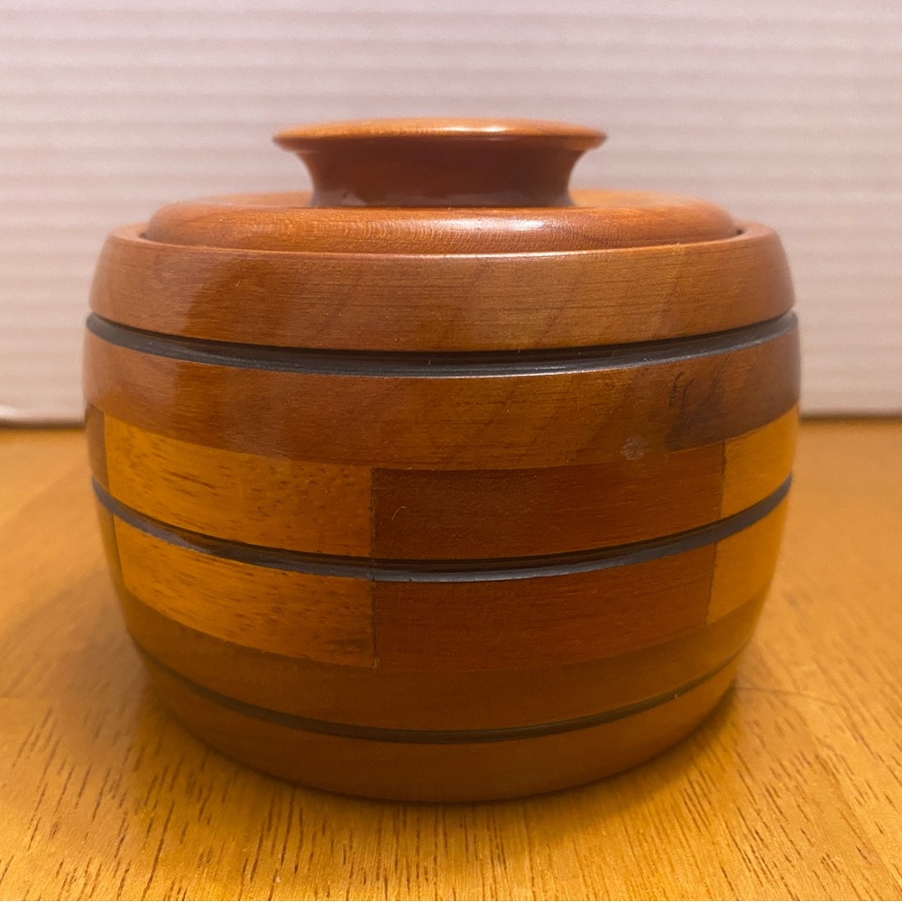Vintage Handmade (Teakwood) Turned Round Trinket Jar with Lid